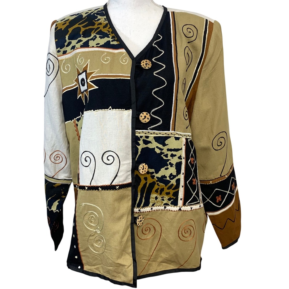 Indigo Moon Patchwork Animal Print Embroidered Artsy Boho Jacket Women Large